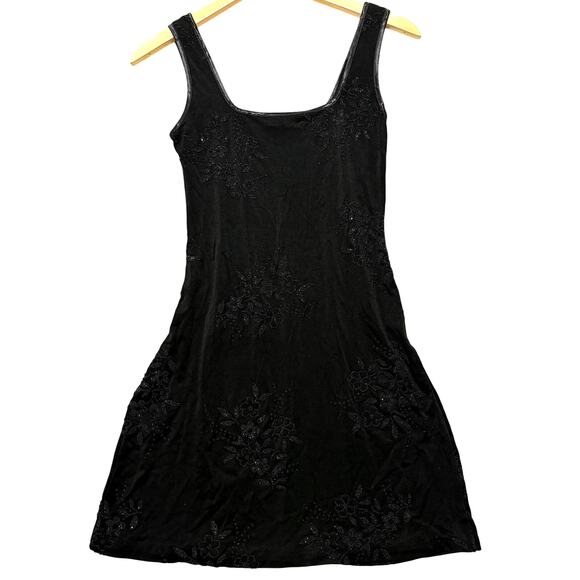VTG 90's Y2K Bebe Moda Black Floral Beaded Mini Dress S - Picture 1 of 5